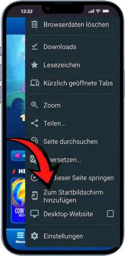 Android Browser Menü für Royal Joker Shortcut öffnen