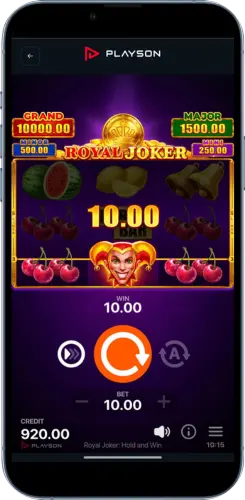 Royal Joker Gewinnanzeige mit 10 Euro auf dem Smartphone